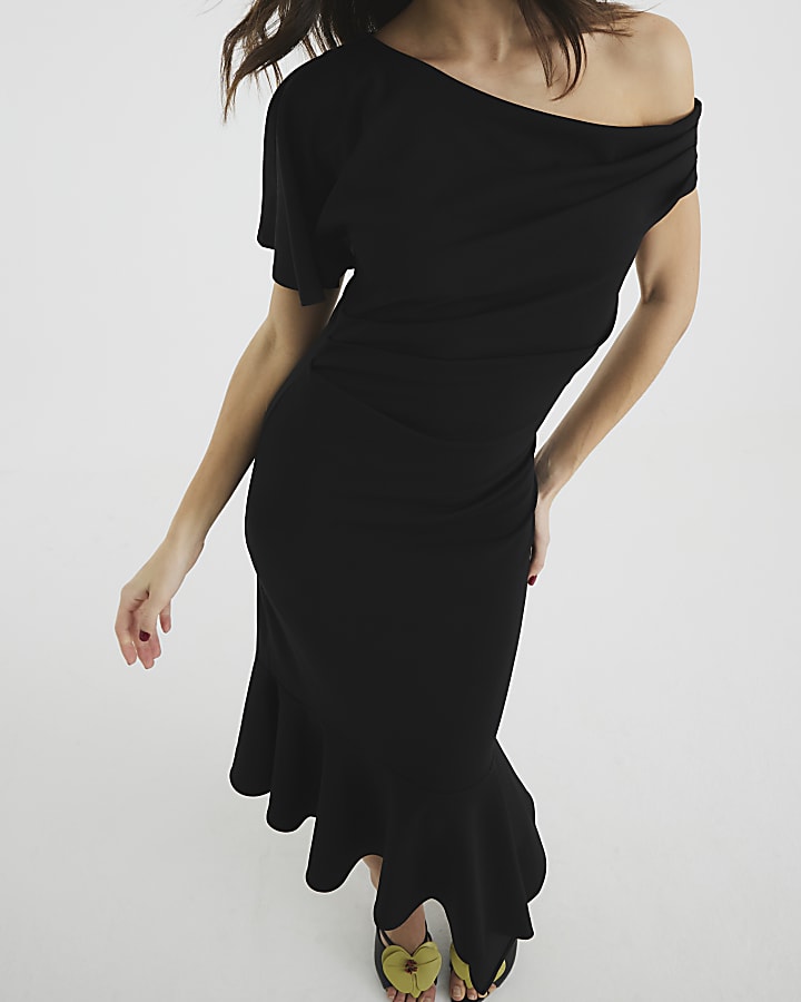 Black Drape Asymmetric Hem Midi Dress