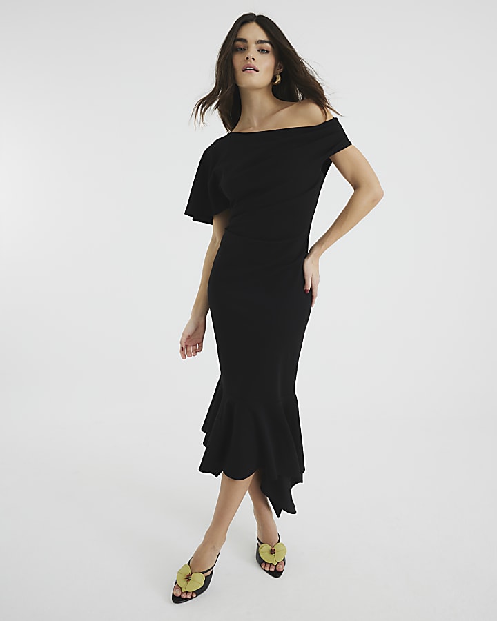 Black Drape Asymmetric Hem Midi Dress