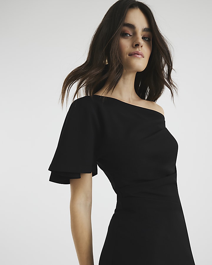 Black Drape Asymmetric Hem Midi Dress