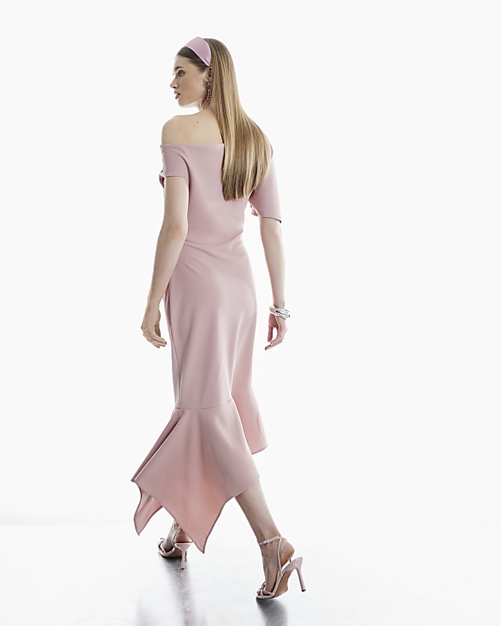 Pink Drape Asymmetric Hem Midi Dress