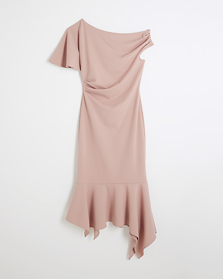 Pink Drape Asymmetric Hem Midi Dress