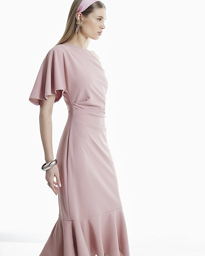 Pink Drape Asymmetric Hem Midi Dress