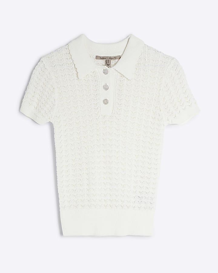 White Crochet Polo Top