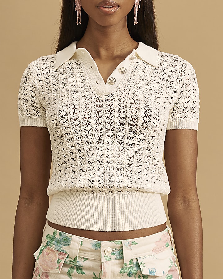 White Crochet Polo Top