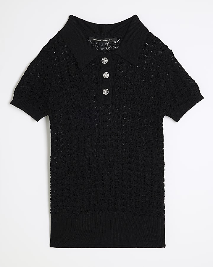 Black Crochet Polo Top