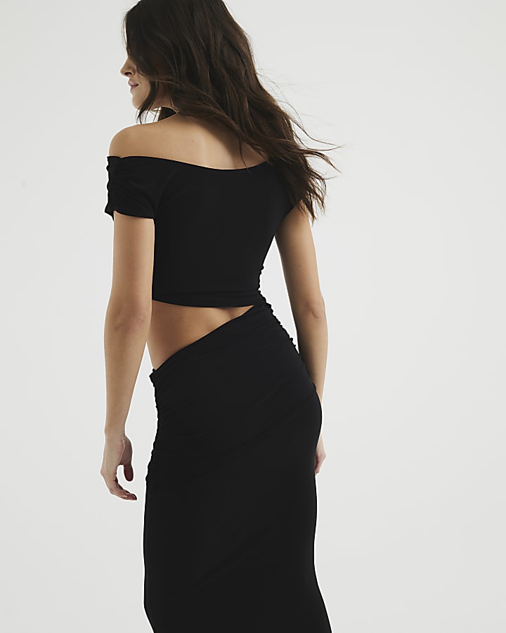 Black Sleeveless Drape Midi Bodycon Dress