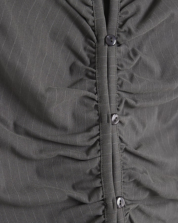 Grey Button Through Ruched Pinstripe Top