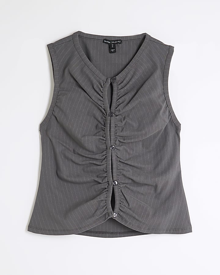 Grey Button Through Ruched Pinstripe Top