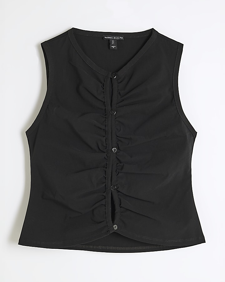 Black Sleeveless Button Through Ruched Top