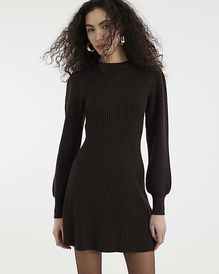 Brown Long Sleeve Knit Ribbed Mini Dress