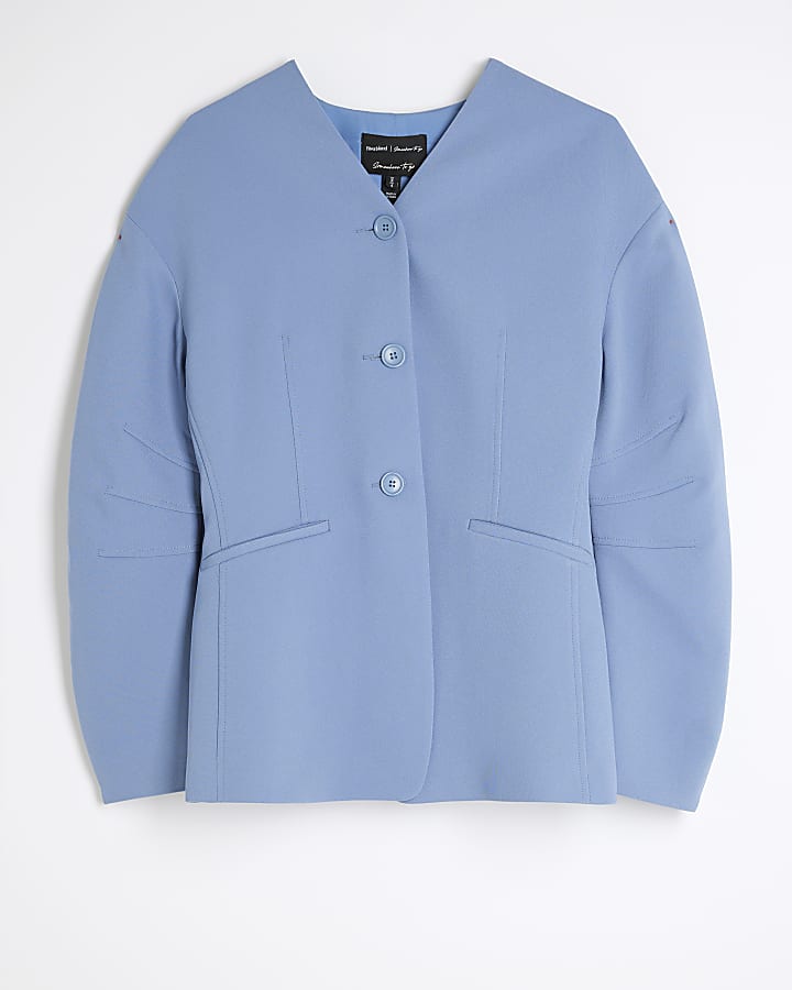 Blue Puff Sleeve Tailored Blazer