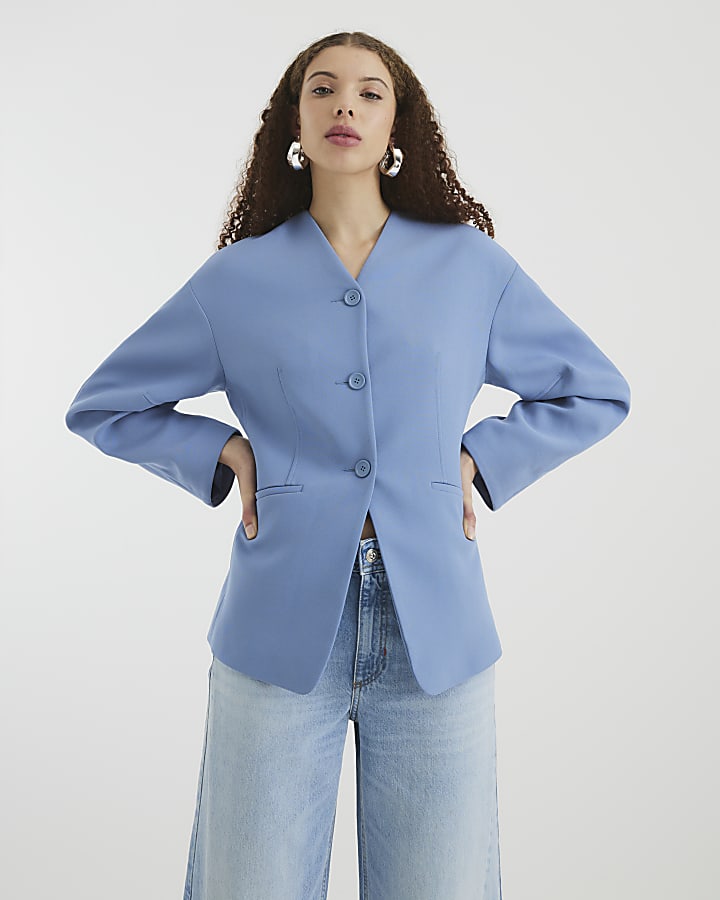 Blue Puff Sleeve Tailored Blazer