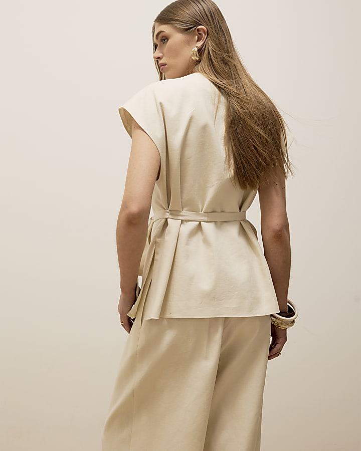 Beige Off Shoulder Wrap Tie Tunic Top
