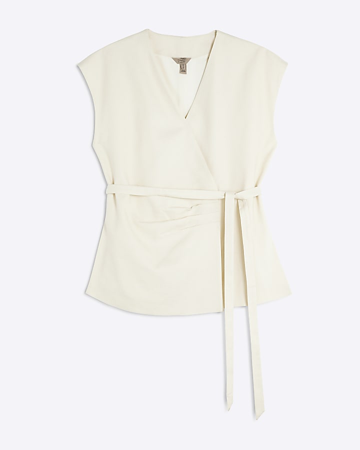Beige Off Shoulder Wrap Tie Tunic Top