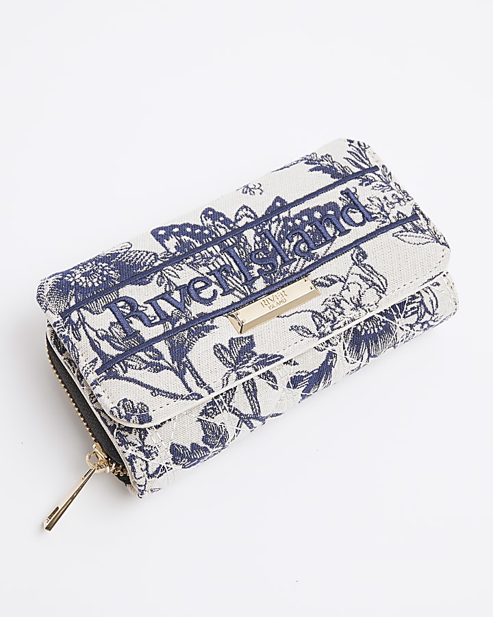 Navy Floral Flap Front Zip Around Purse