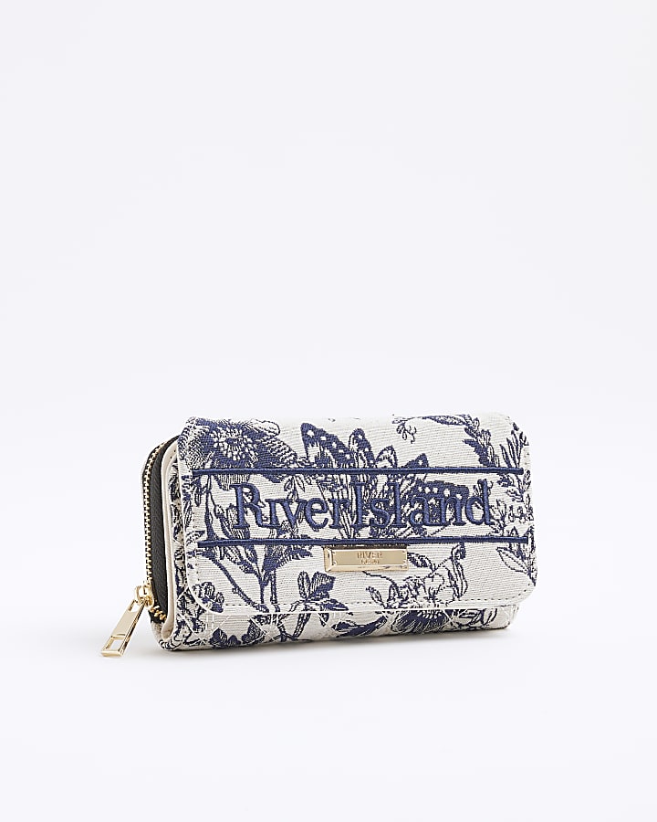 Navy Floral Flap Front Zip Around Purse