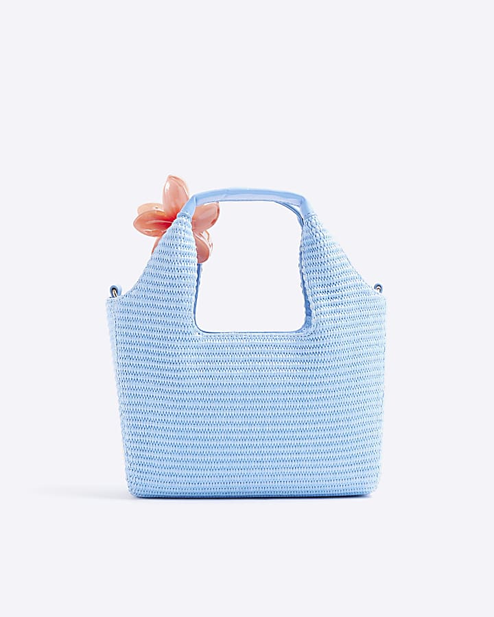 Blue Small Raffia Charm Tote Bag