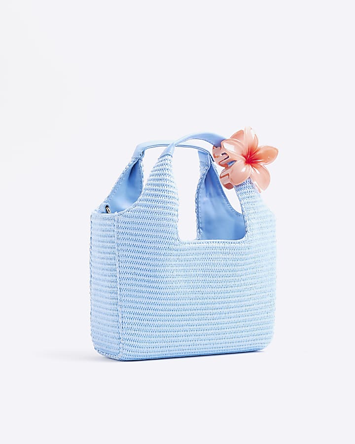 Blue Small Raffia Charm Tote Bag