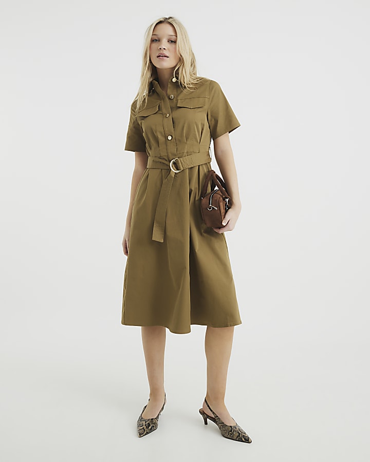 Beige Utility Belted Midi Dress