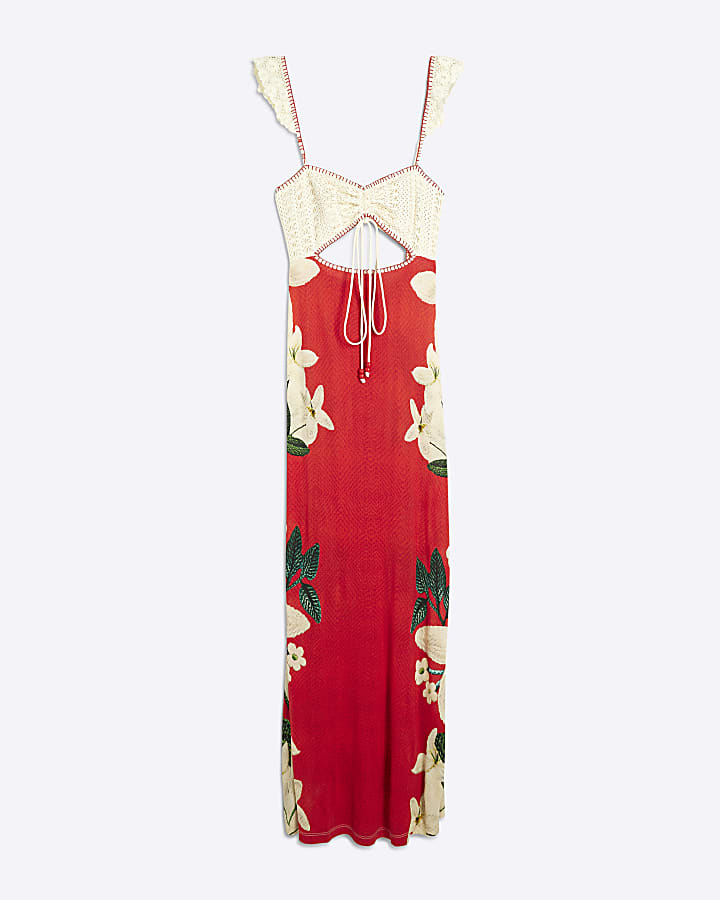 Red Del Maar Floral Crochet Trim Maxi Dress