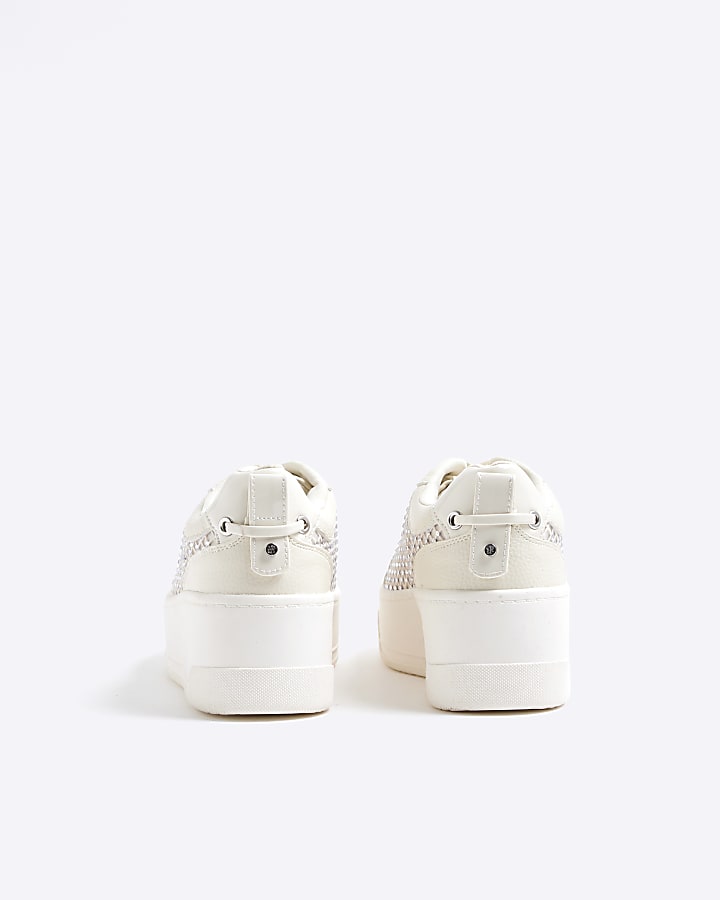 White Lace Up Diamante Platform Trainers