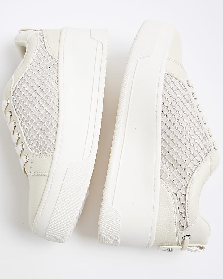 White Lace Up Diamante Platform Trainers