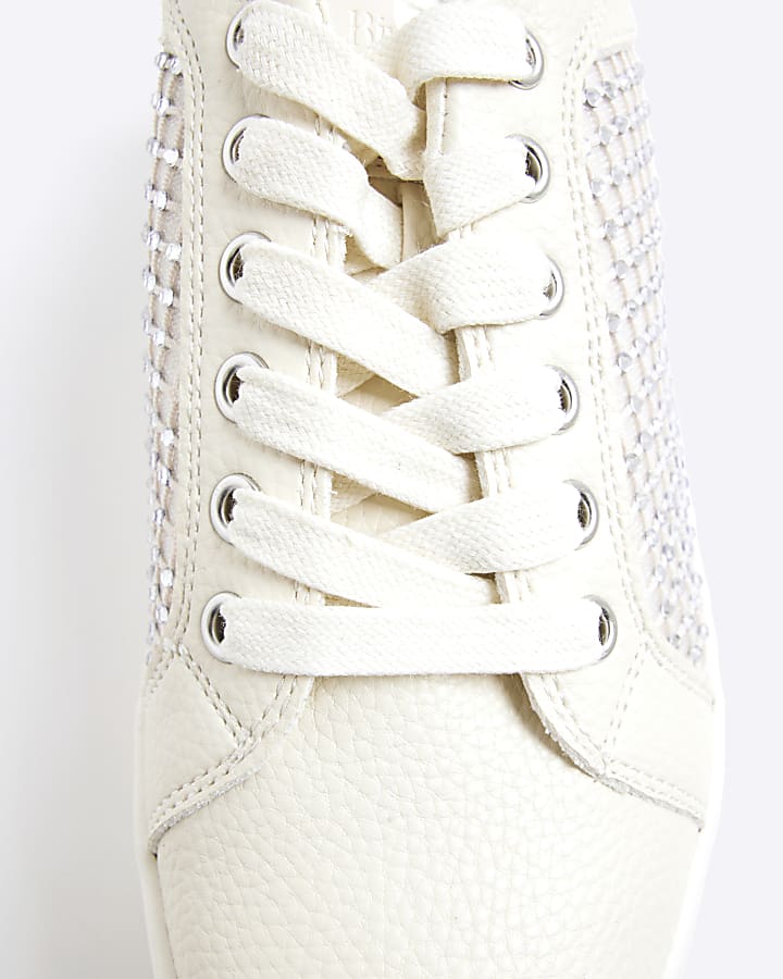 White Lace Up Diamante Platform Trainers