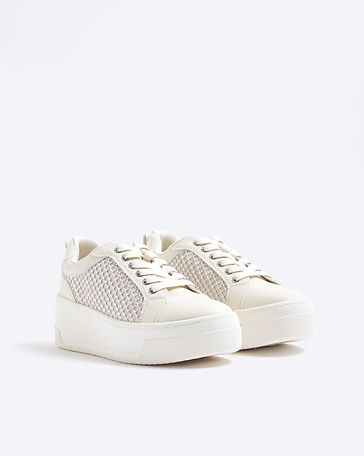 White Lace Up Diamante Platform Trainers