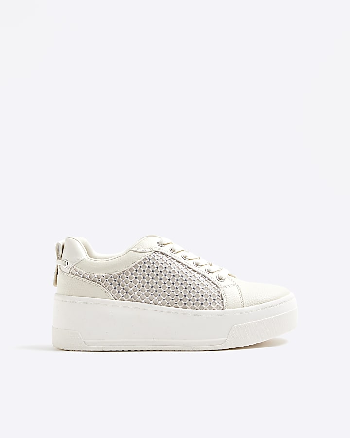 White Lace Up Diamante Platform Trainers