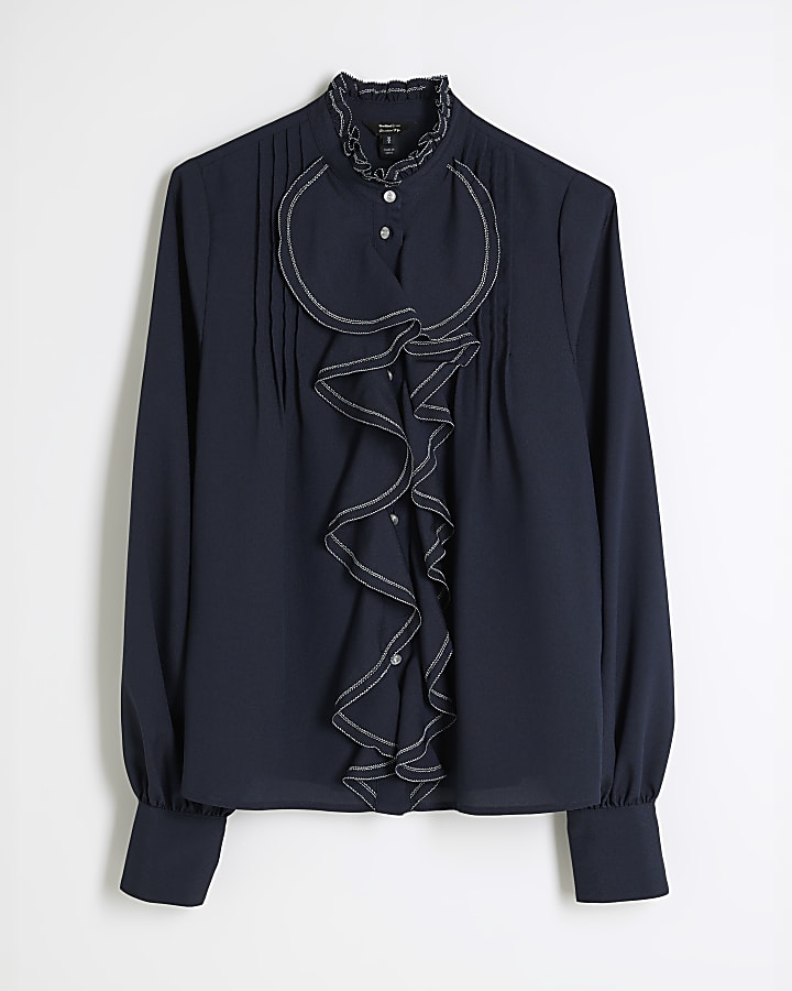 Navy Long Sleeve Ruffle Shirt