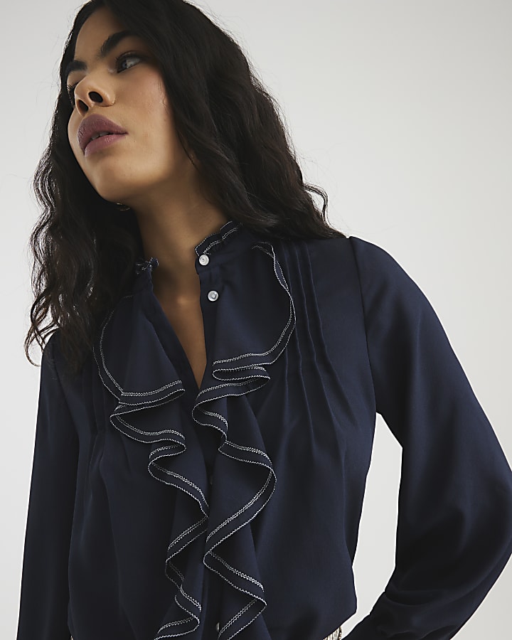 Navy Long Sleeve Ruffle Shirt