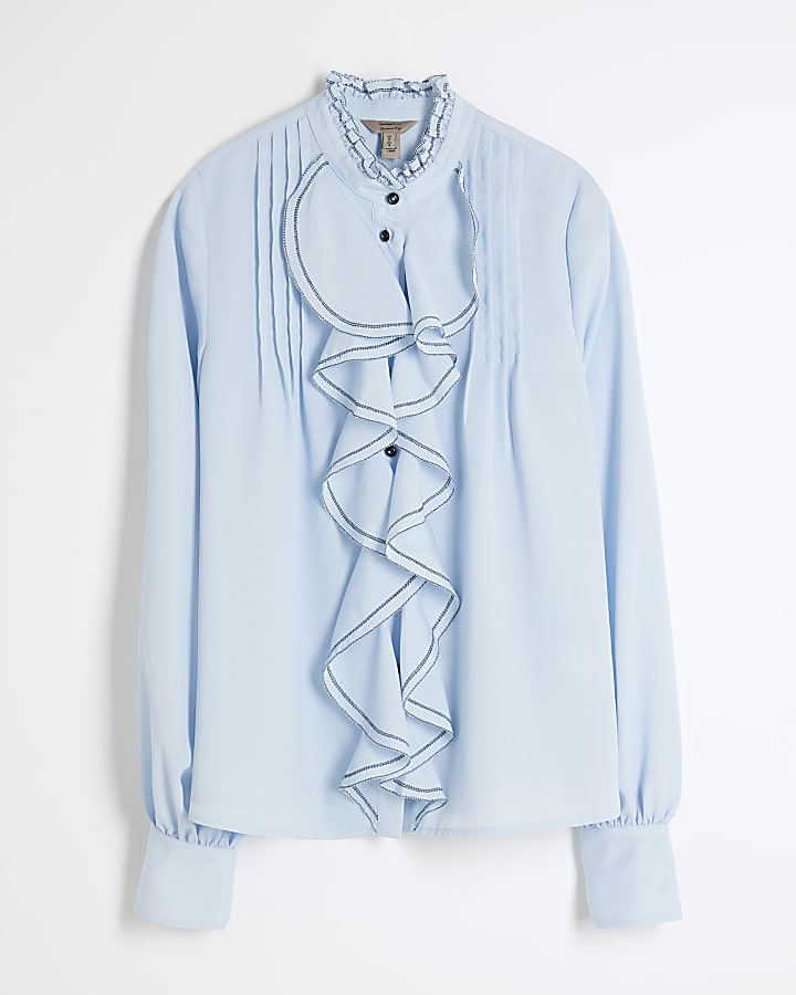 Blue Long Sleeve Ruffle Shirt