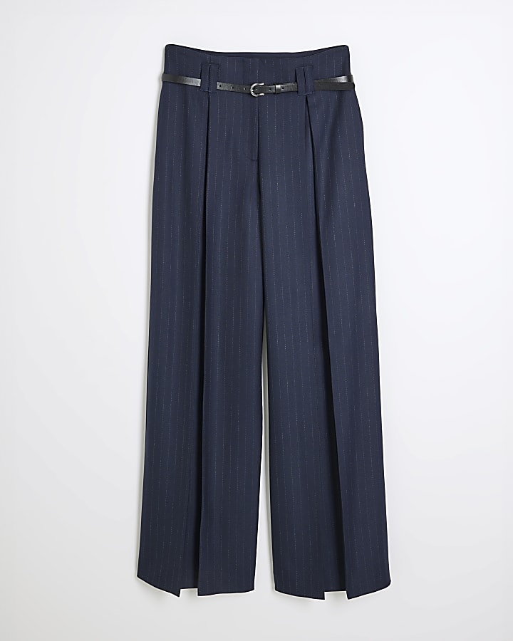 Navy Belted Wide Leg Trousers