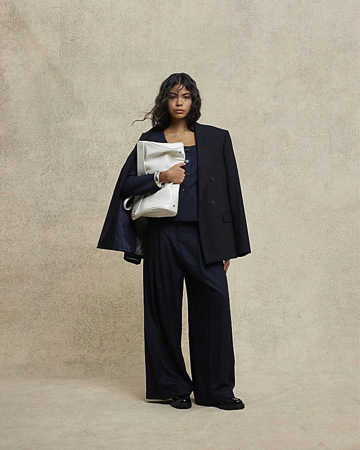 Navy Belted Wide Leg Trousers