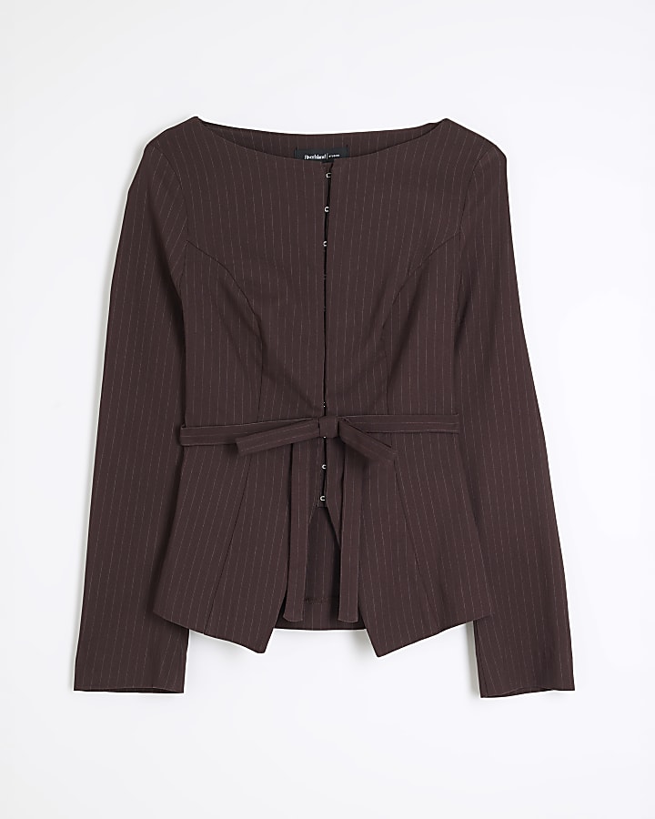 Brown Pinstripe Belted Jacket