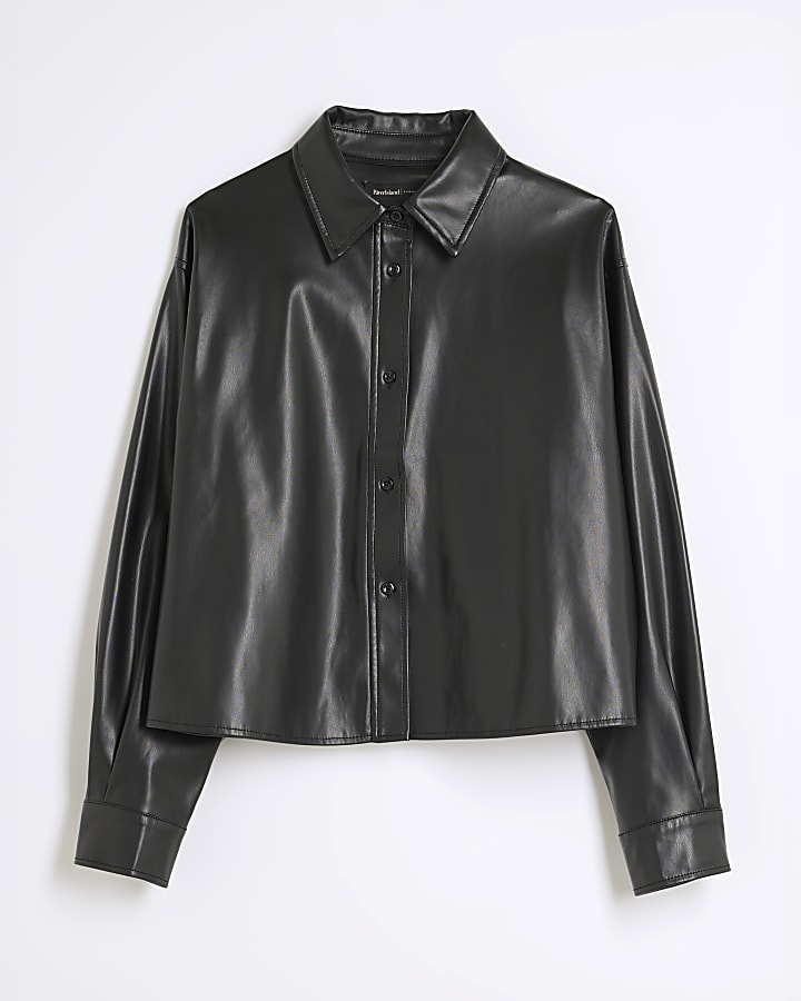 Black Faux Leather Boxy Shirt