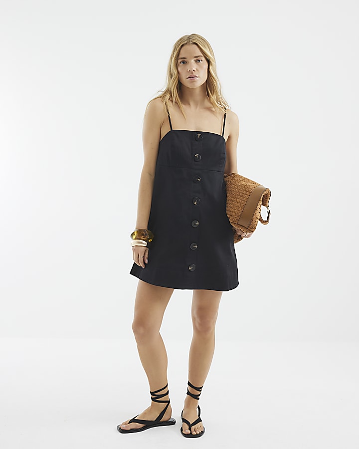 Black Sleeveless Button Down Mini Shift Dress
