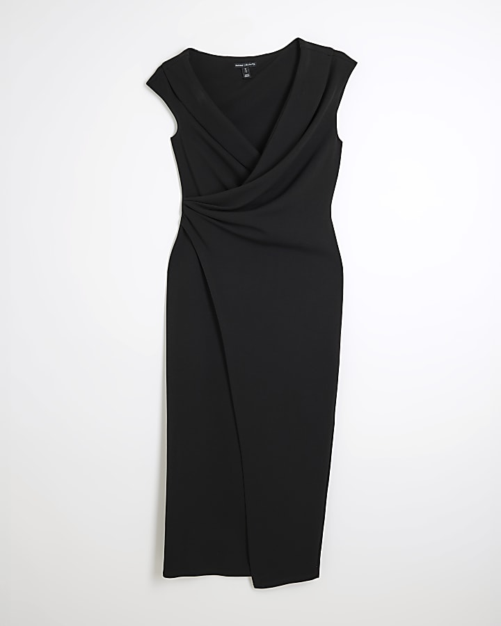 Black Asymmetric Wrap Midi Dress