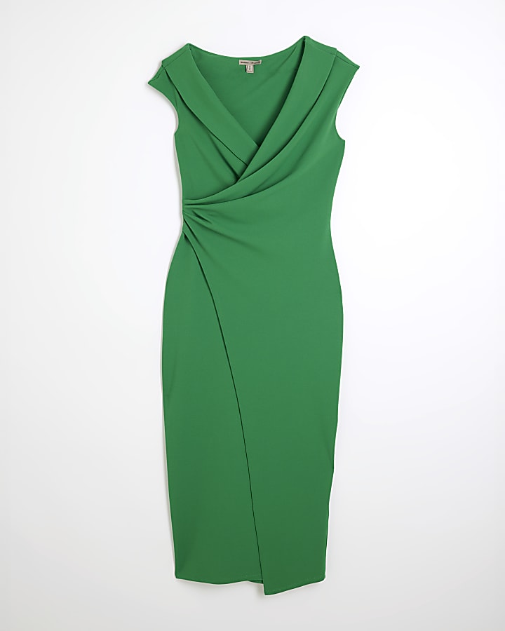 Green Asymmetric Wrap Midi Dress