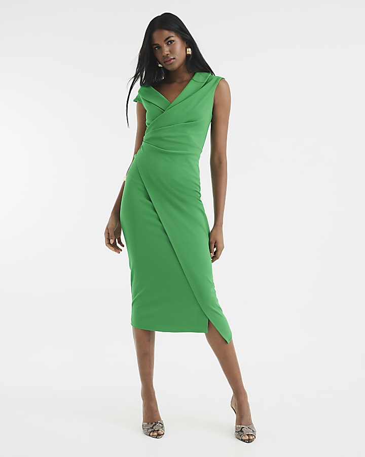 Green Asymmetric Wrap Midi Dress