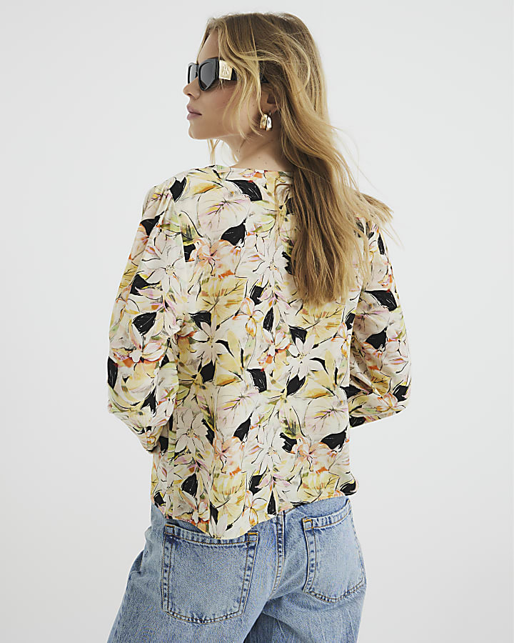 Yellow Floral Long Sleeve Tie Front Top