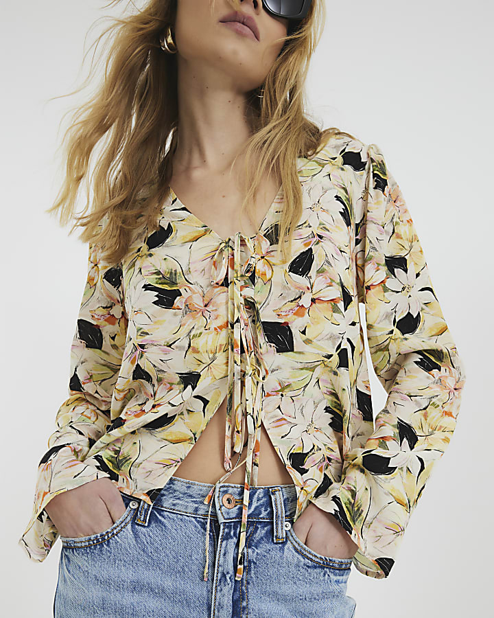 Yellow Floral Long Sleeve Tie Front Top