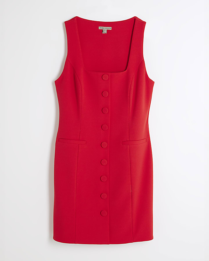 Red Square Neck Waistcoat Mini Dress