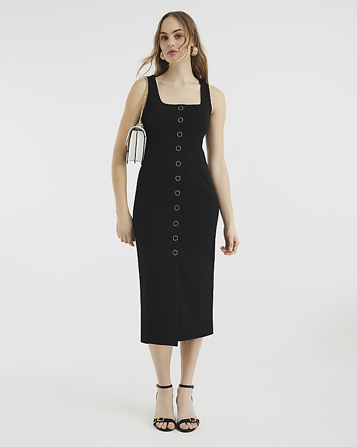 Black Square Neck Waistcoat Midi Dress