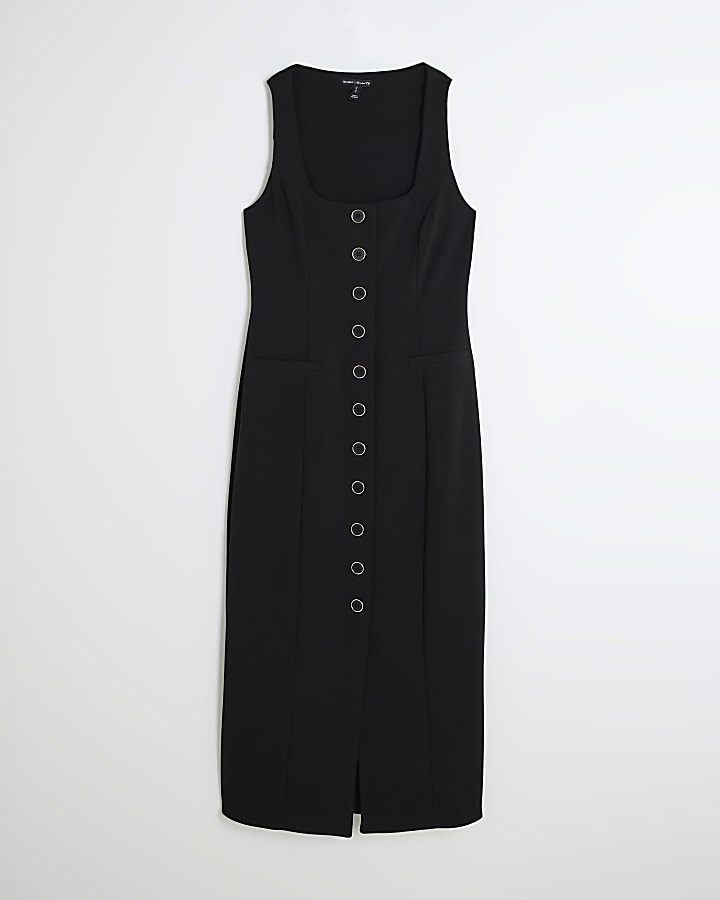 Black Square Neck Waistcoat Midi Dress