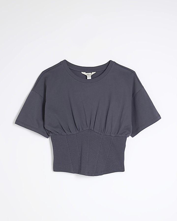 Petite Grey Short Sleeve Corset Hem T-shirt