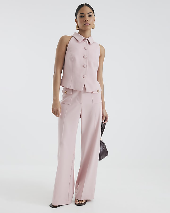 Petite Pink Button Front Straight Trousers