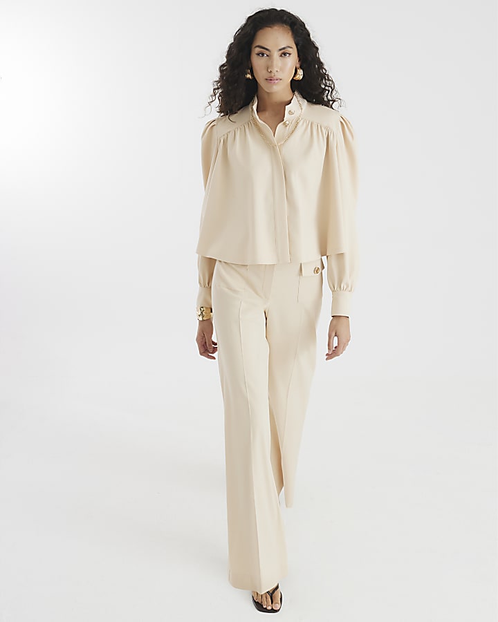 Petite Beige Button Front Straight Trousers