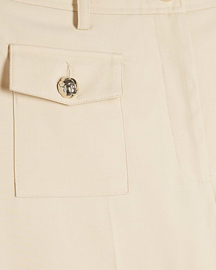 Petite Beige Button Front Straight Trousers