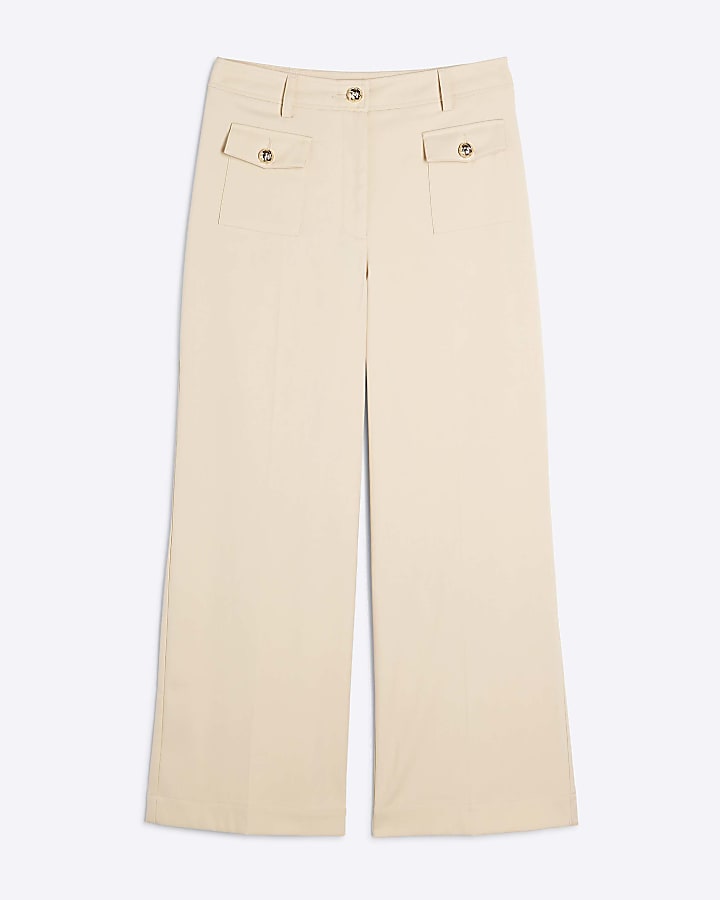 Petite Beige Button Front Straight Trousers